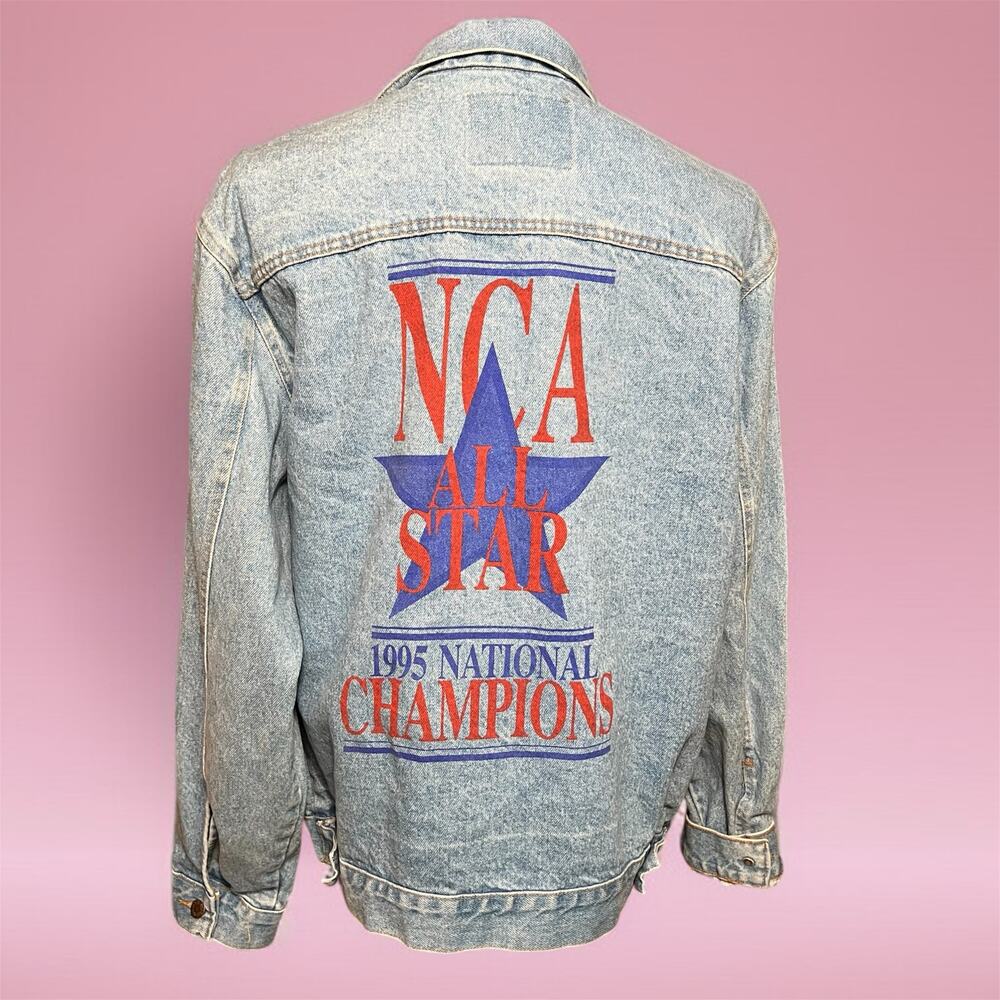 VINTAGE 90s Cheer Championship Size Denim Jacket NCA 1995 Three Rivers